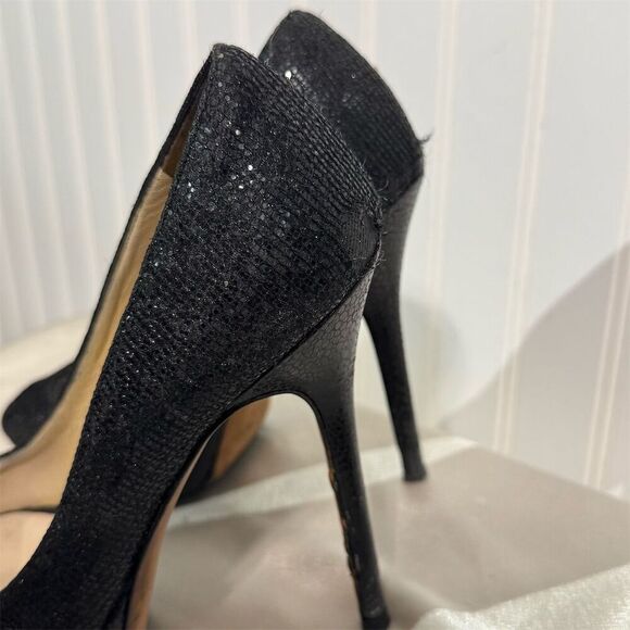 Jimmy Choo Black Glitter Peep Toe Platform Pumps Size 7 US Heels Made in Italy - Picture 7 of 15